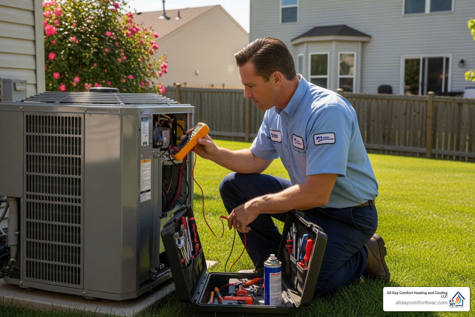 Technician servicing an outdoor AC unit - ac repair independence mo Technician servicing an outdoor AC unit - ac repair independence mo