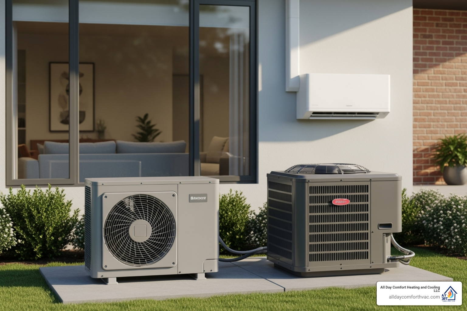 Different types of AC units including central air, ductless mini-split, and a modern heat pump - affordable ac installation lee's summit