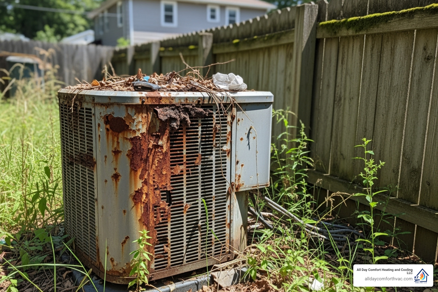 Old, worn-out outdoor AC unit with rust and debris - affordable ac installation lee's summit
