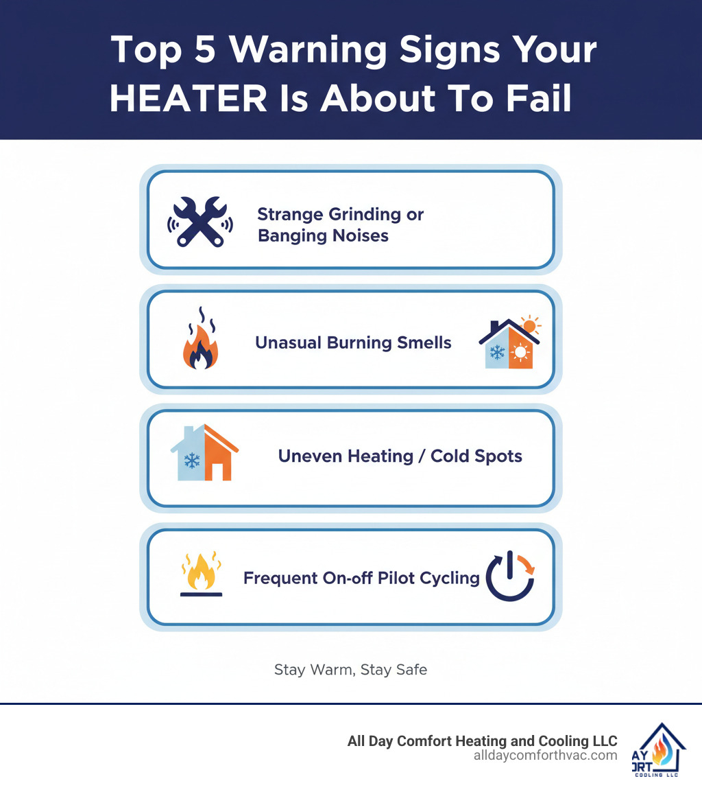 Infographic showing the top 5 warning signs your heater is about to fail: strange grinding or banging noises, unusual burning smells, uneven heating with cold spots throughout the home, yellow or flickering pilot light, and frequent on-off cycling - heater not working repair blue springs mo infographic  Infographic showing the top 5 warning signs your heater is about to fail: strange grinding or banging noises, unusual burning smells, uneven heating with cold spots throughout the home, yellow or flickering pilot light, and frequent on-off cycling - heater not working repair blue springs mo infographic