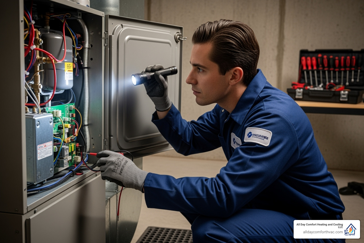 A professional HVAC technician inspecting a furnace unit - heater not working repair blue springs mo A professional HVAC technician inspecting a furnace unit - heater not working repair blue springs mo