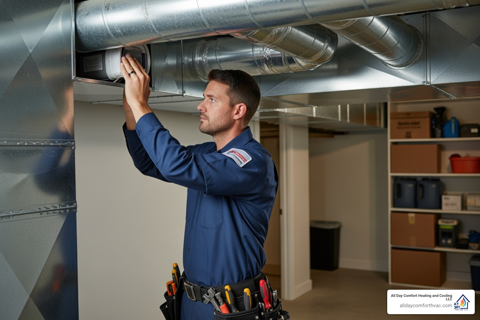 A professional HVAC technician in uniform carefully installing a component of an air purification system into existing ductwork, highlighting precision and expertise. - air purification system install kansas city A professional HVAC technician in uniform carefully installing a component of an air purification system into existing ductwork, highlighting precision and expertise. - air purification system install kansas city