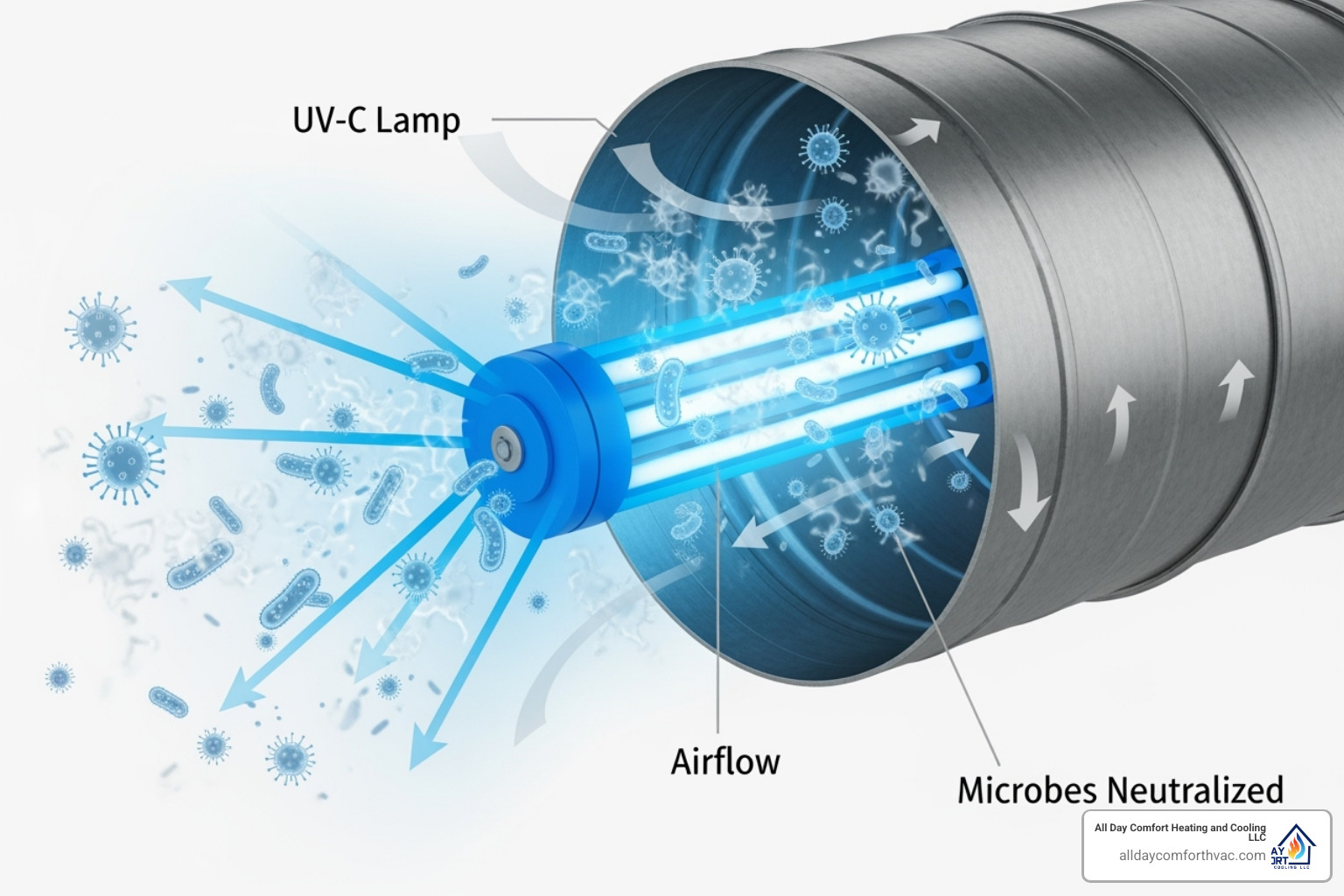 A graphic illustrating how a UV light air purifier works inside HVAC ductwork, showing UV-C light rays neutralizing bacteria and viruses as air passes through. - air purification system install kansas city A graphic illustrating how a UV light air purifier works inside HVAC ductwork, showing UV-C light rays neutralizing bacteria and viruses as air passes through. - air purification system install kansas city