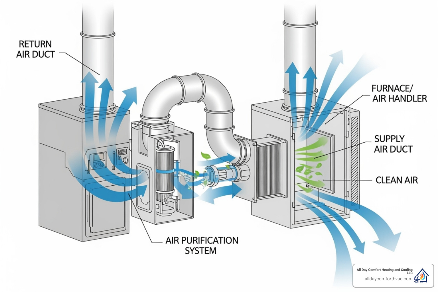 A diagram showing a whole-home air purification system integrated into an HVAC system, with arrows indicating air flow through the purifier and throughout the home's ductwork. - air purification system install kansas city A diagram showing a whole-home air purification system integrated into an HVAC system, with arrows indicating air flow through the purifier and throughout the home's ductwork. - air purification system install kansas city