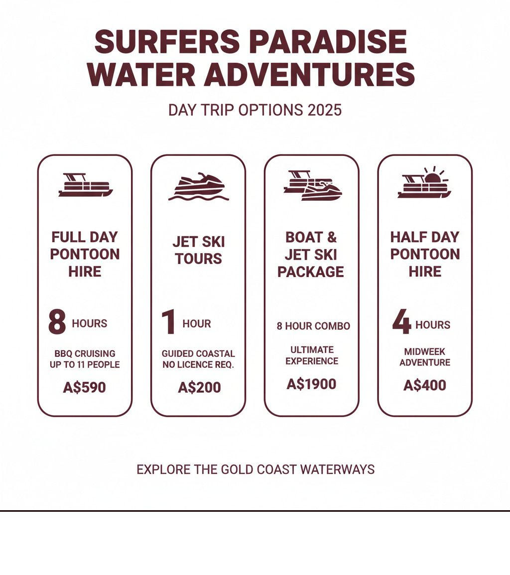  An infographic detailing Gold Coast water rentals, with options like a full day pontoon hire - Surfers Paradise day trips infographic 