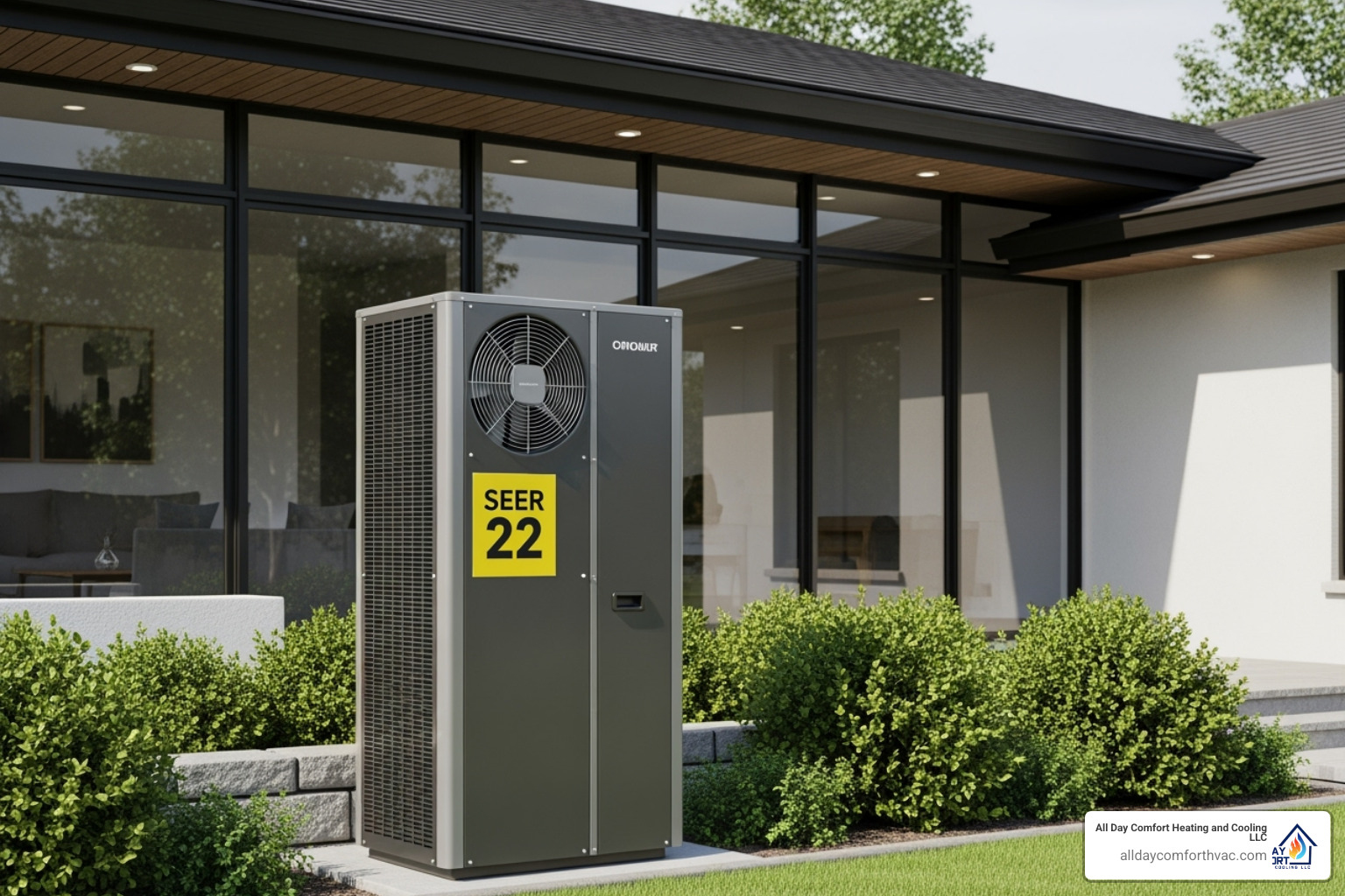 A modern, sleek, and energy-efficient outdoor AC unit with a prominent SEER rating label, set against a backdrop of a contemporary home - professional ac repair lee's summit mo