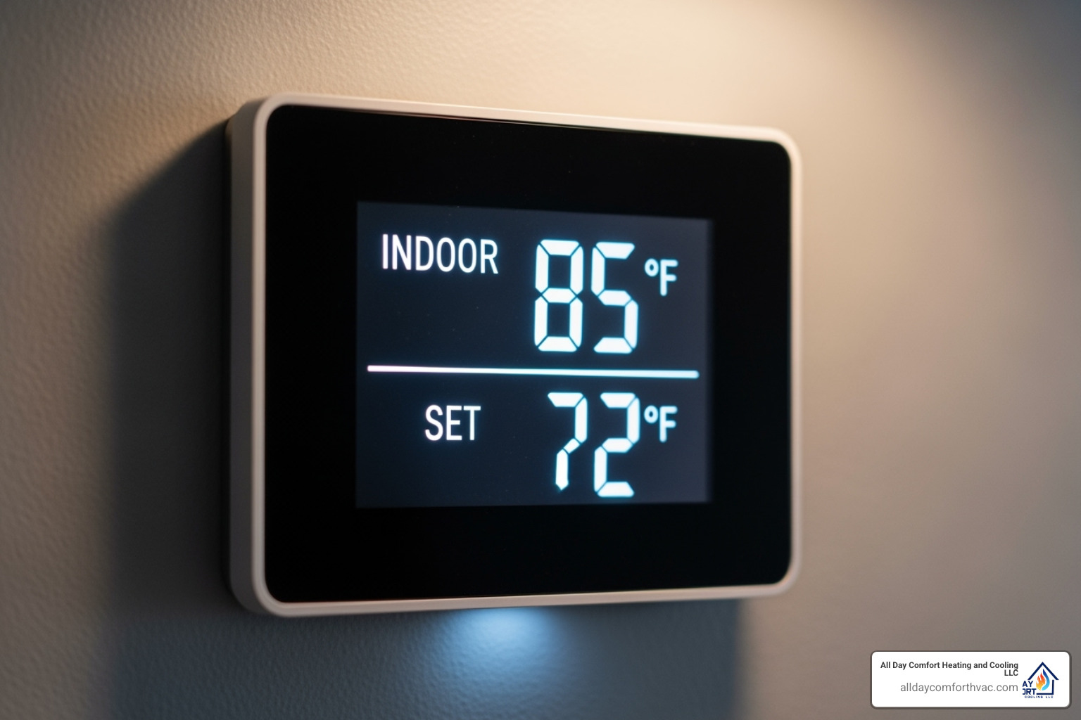A digital thermostat displaying a high indoor temperature of 85 degrees Fahrenheit, contrasting with a desired setting of 72 degrees, indicating a malfunctioning AC unit - professional ac repair lee's summit mo