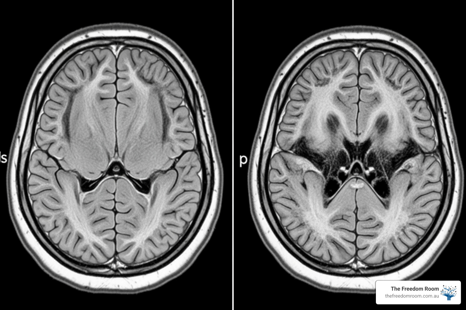 A brain scan showing areas of damage due to prolonged alcohol abuse compared to a healthy brain - what are some long term effects of alcohol abuse