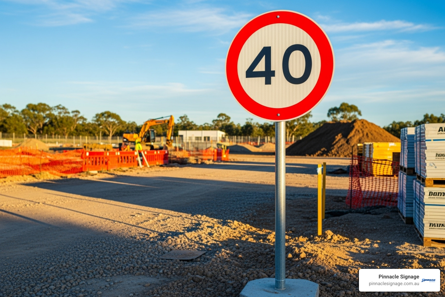 a well-placed sign at an Australian construction site with a reduced speed limit - road construction signage a well-placed sign at an Australian construction site with a reduced speed limit - road construction signage