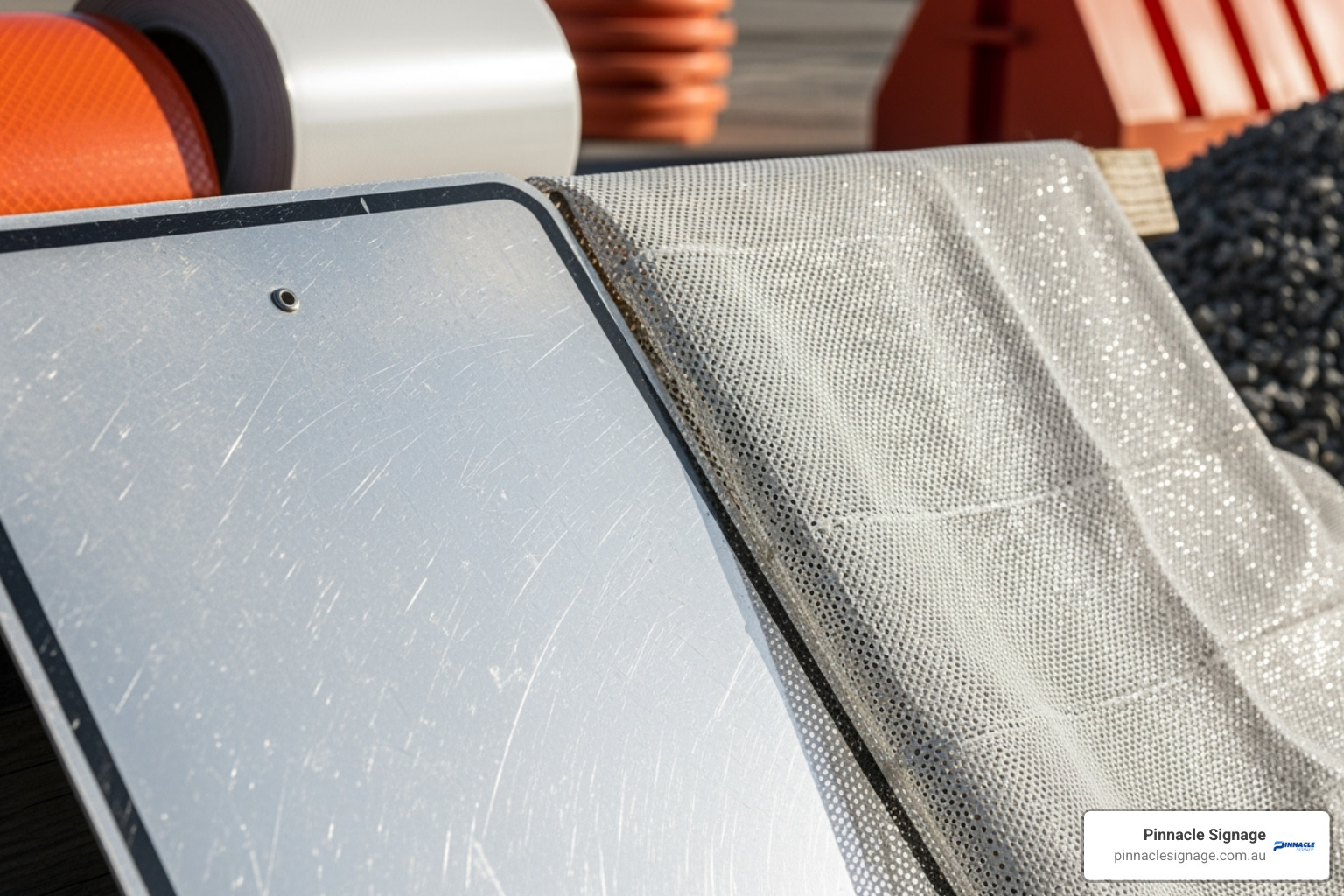 showing different sign materials like reflective aluminium and a mesh banner - road construction signage showing different sign materials like reflective aluminium and a mesh banner - road construction signage
