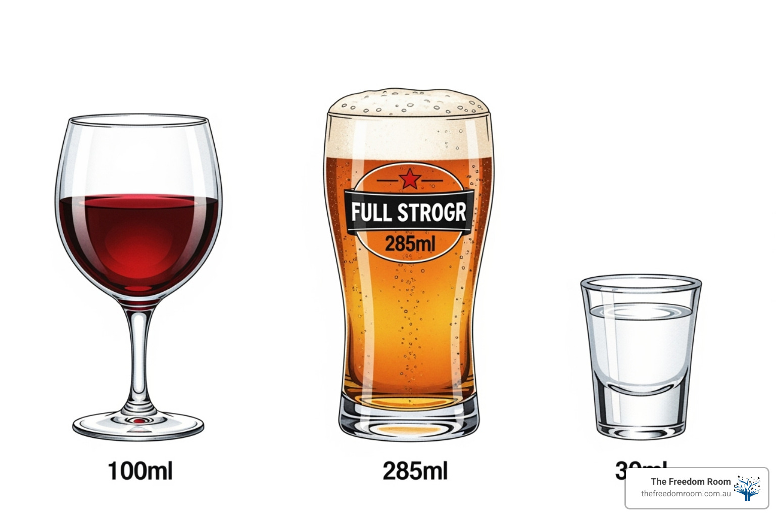 An illustration showing what constitutes a standard drink in Australia for common alcoholic beverages like beer, wine, and spirits - what is alcoholism