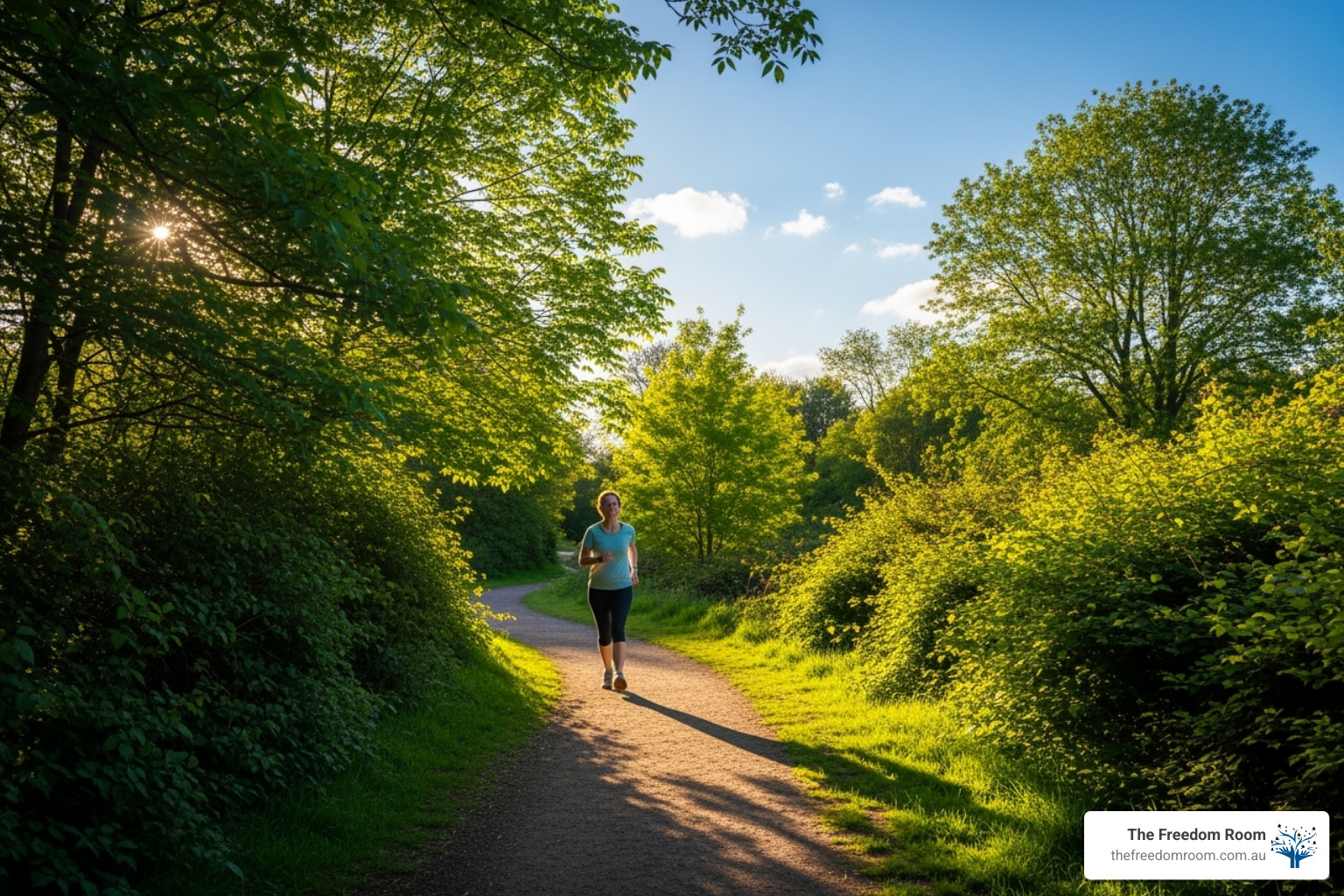 Woman running on a sun-dappled trail through a lush green park, promoting wellness in the addiction recovery process - Addiction recovery process