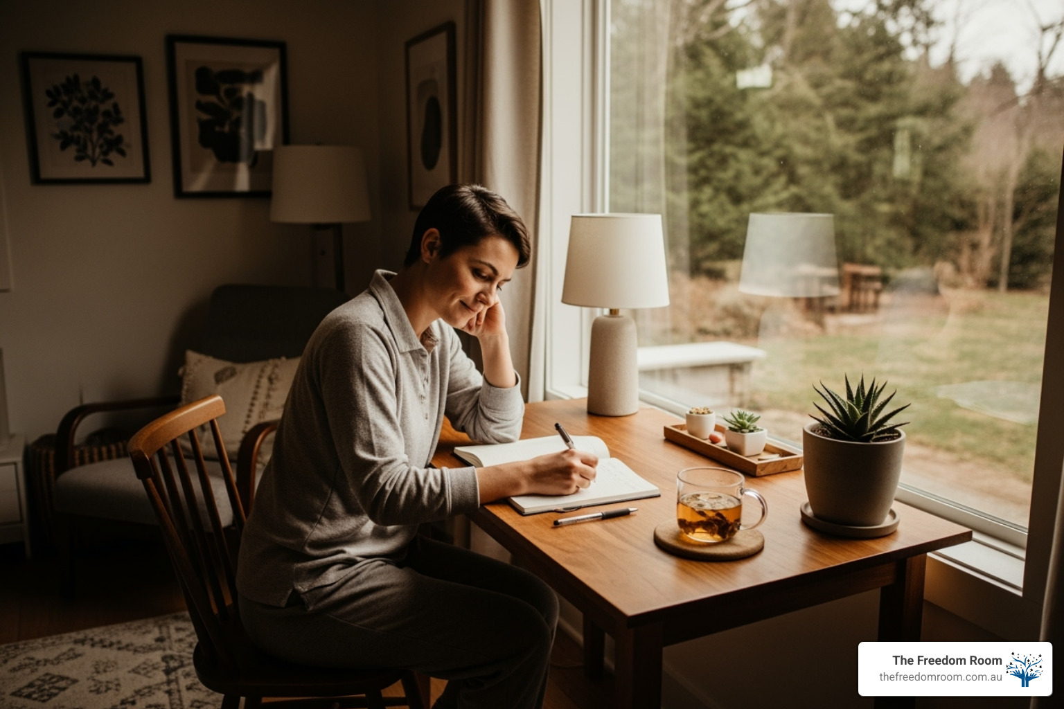 Woman journaling at a sunlit desk, representing the personal reflection and inner strength that builds empowerment in recovery milestones.