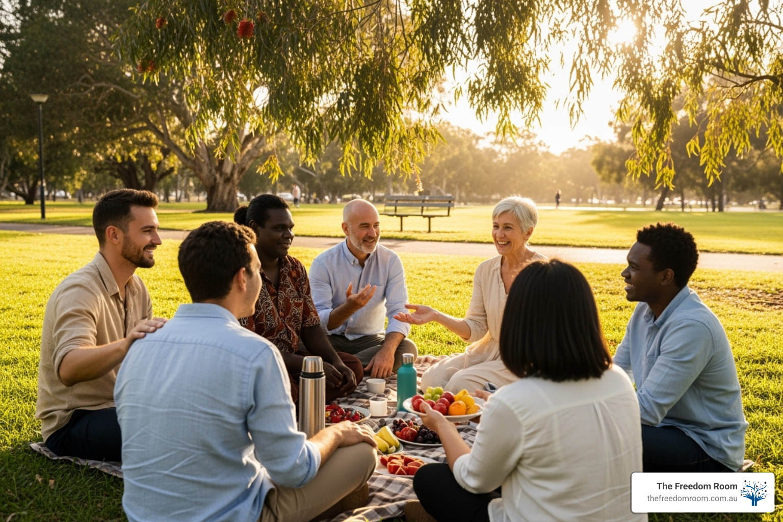Diverse group enjoying a picnic in a sunny park, demonstrating the joy and social empowerment in recovery found through healthy community.