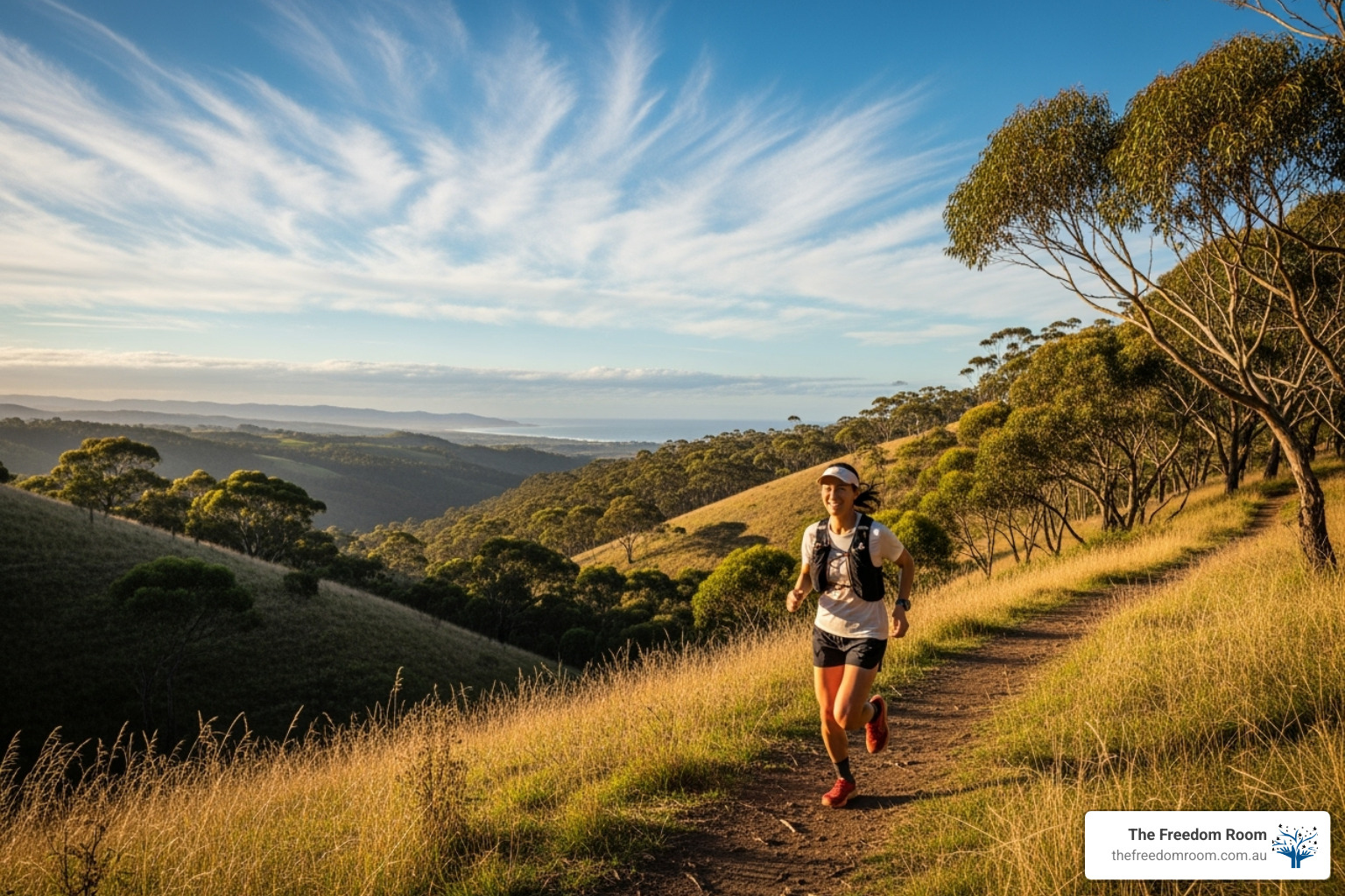 Woman trail running on a scenic hillside at sunset, symbolizing the physical vitality and empowerment in recovery through healthy lifestyle.