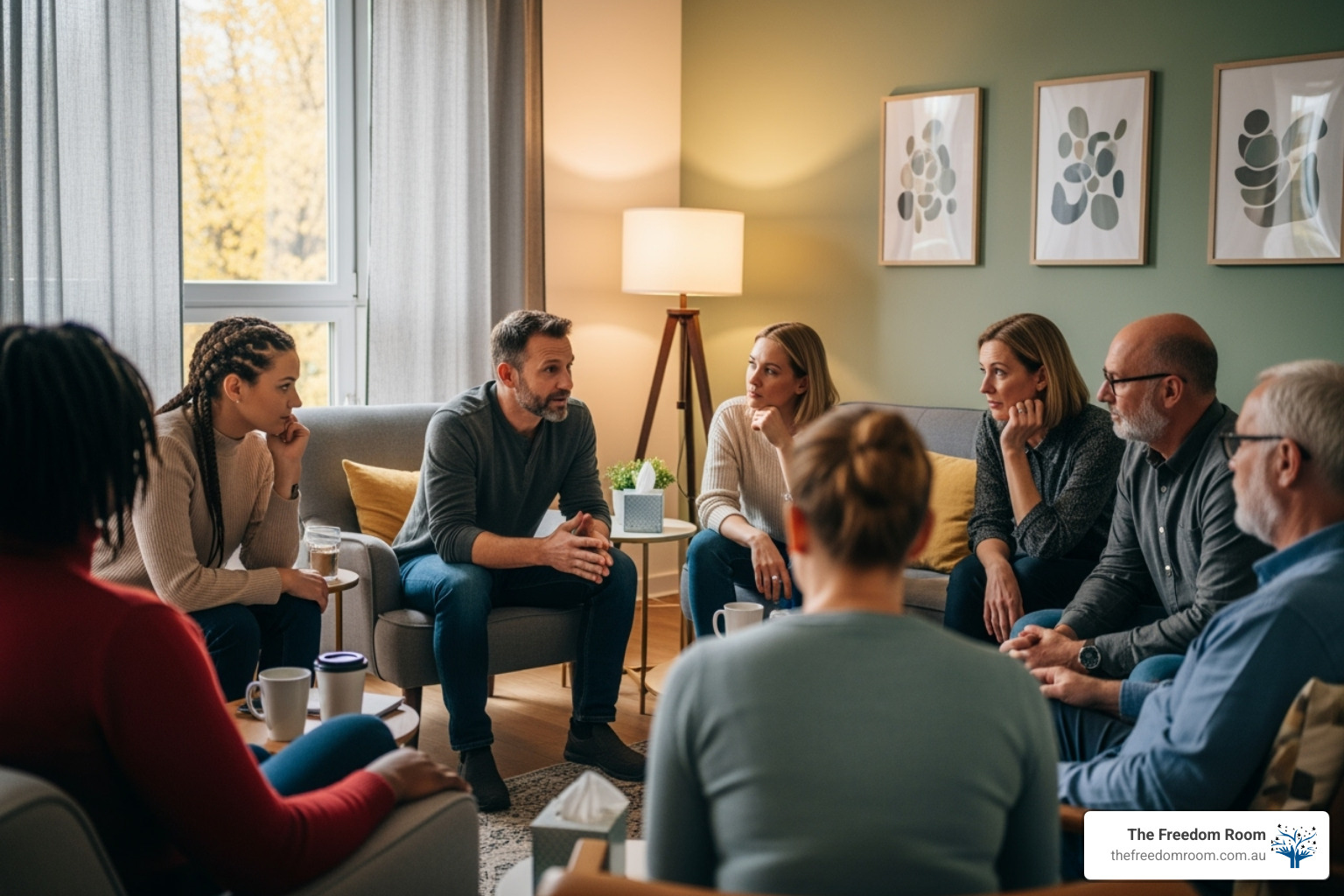 Diverse adults participating in a confidential support group meeting, a key component of addiction counselling Brisbane recovery services.