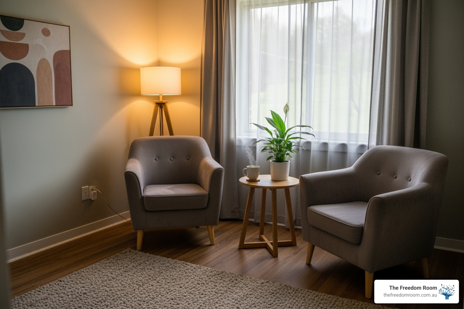 Warm, inviting, and private room set up for individual sessions for addiction counselling Brisbane clients seeking recovery support.