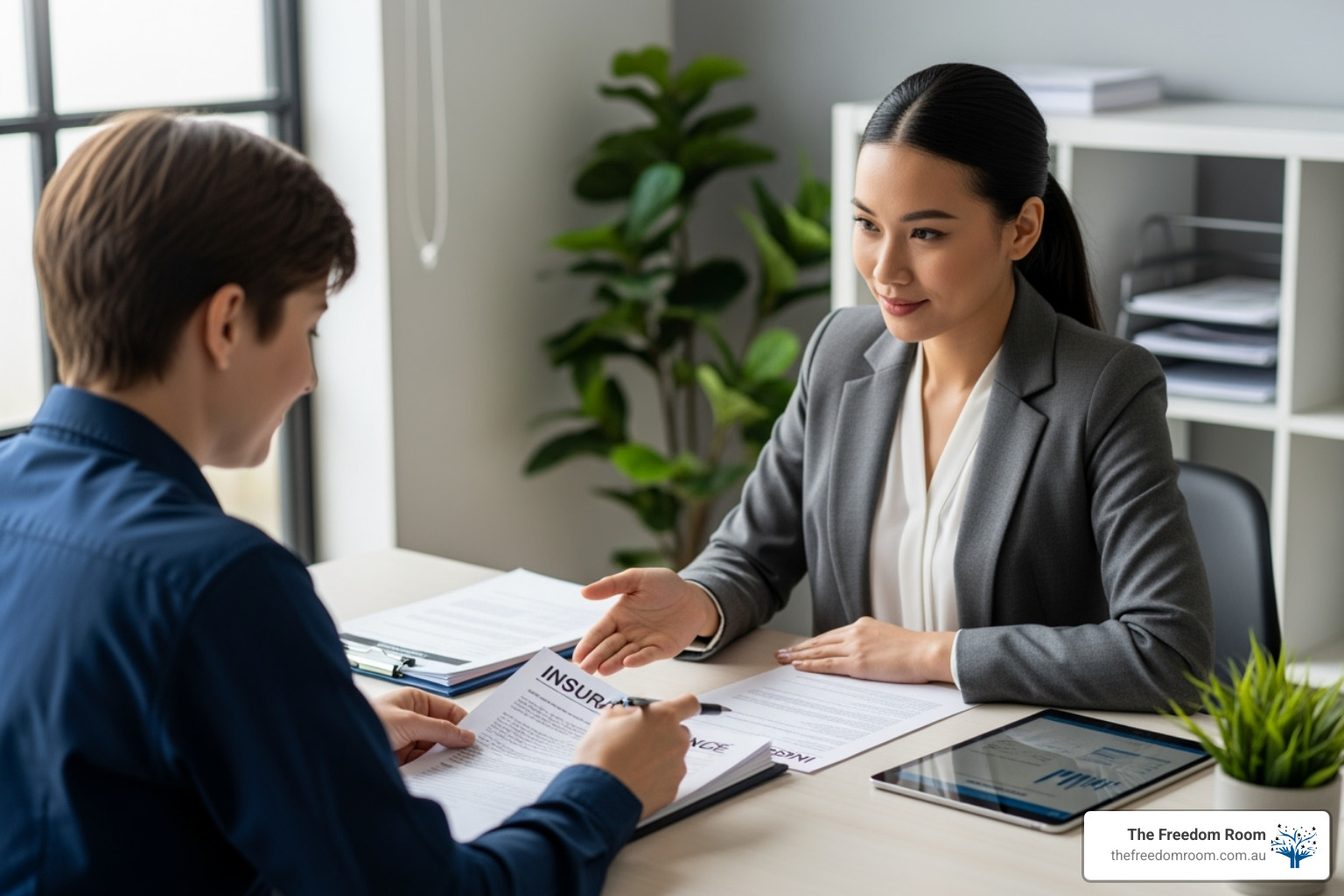 Female professional reviewing documents with a client, focusing on payment plans related to alcohol addiction treatment costs.