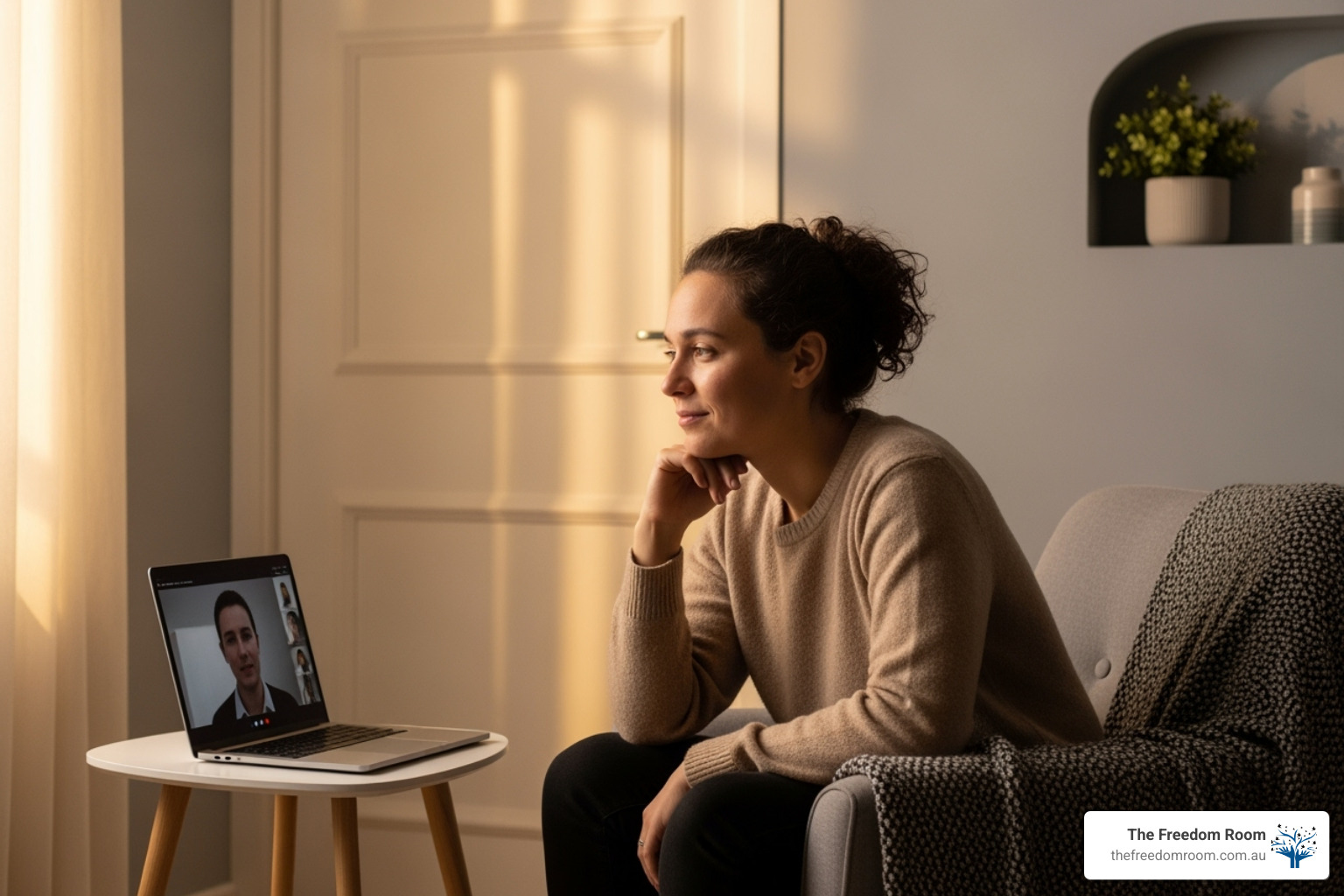 Woman engaging in a private virtual session, highlighting the flexibility of telehealth for addiction counselling Brisbane.