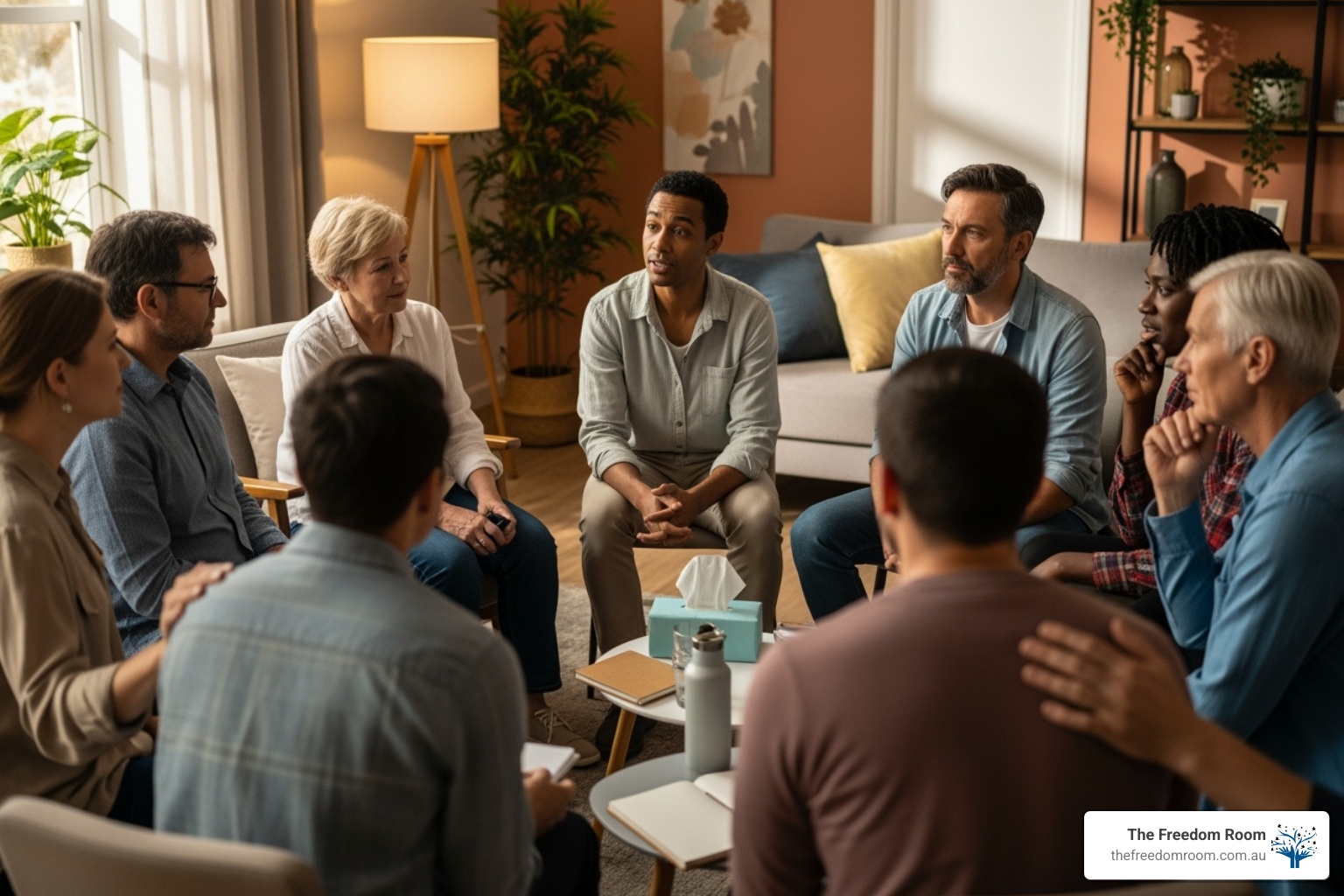 A diverse group of people in a supportive group setting, symbolising community and mutual aid - how to fix your life after an addiction