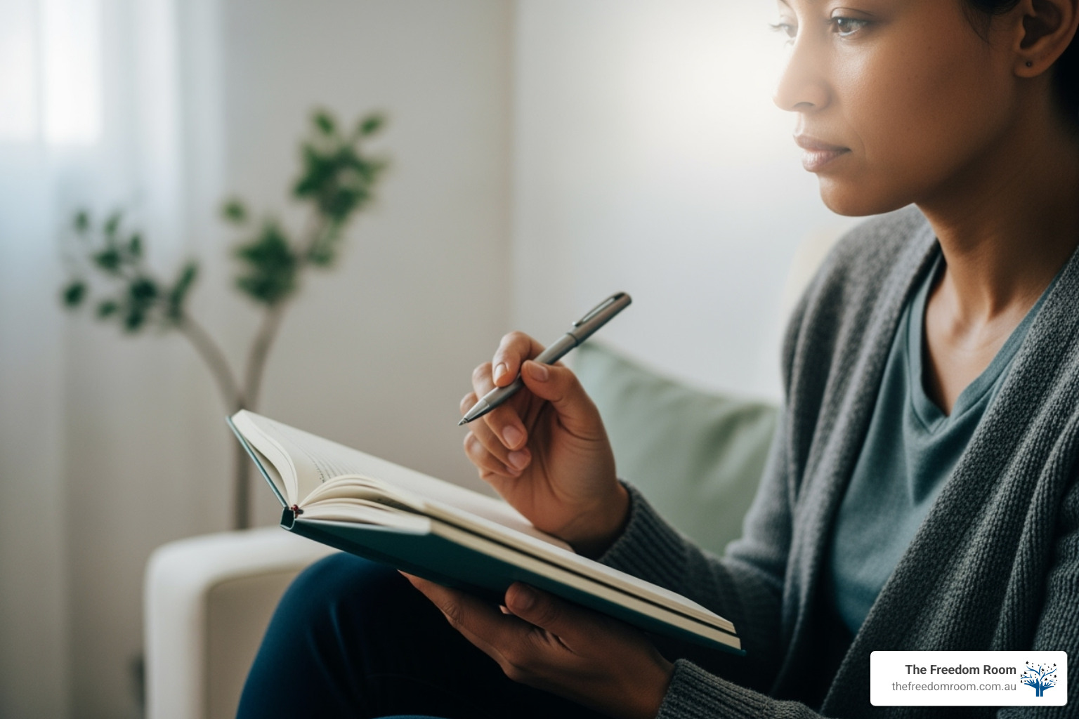 A person sitting thoughtfully, perhaps journaling, representing self-reflection and mental health focus - how to fix your life after an addiction