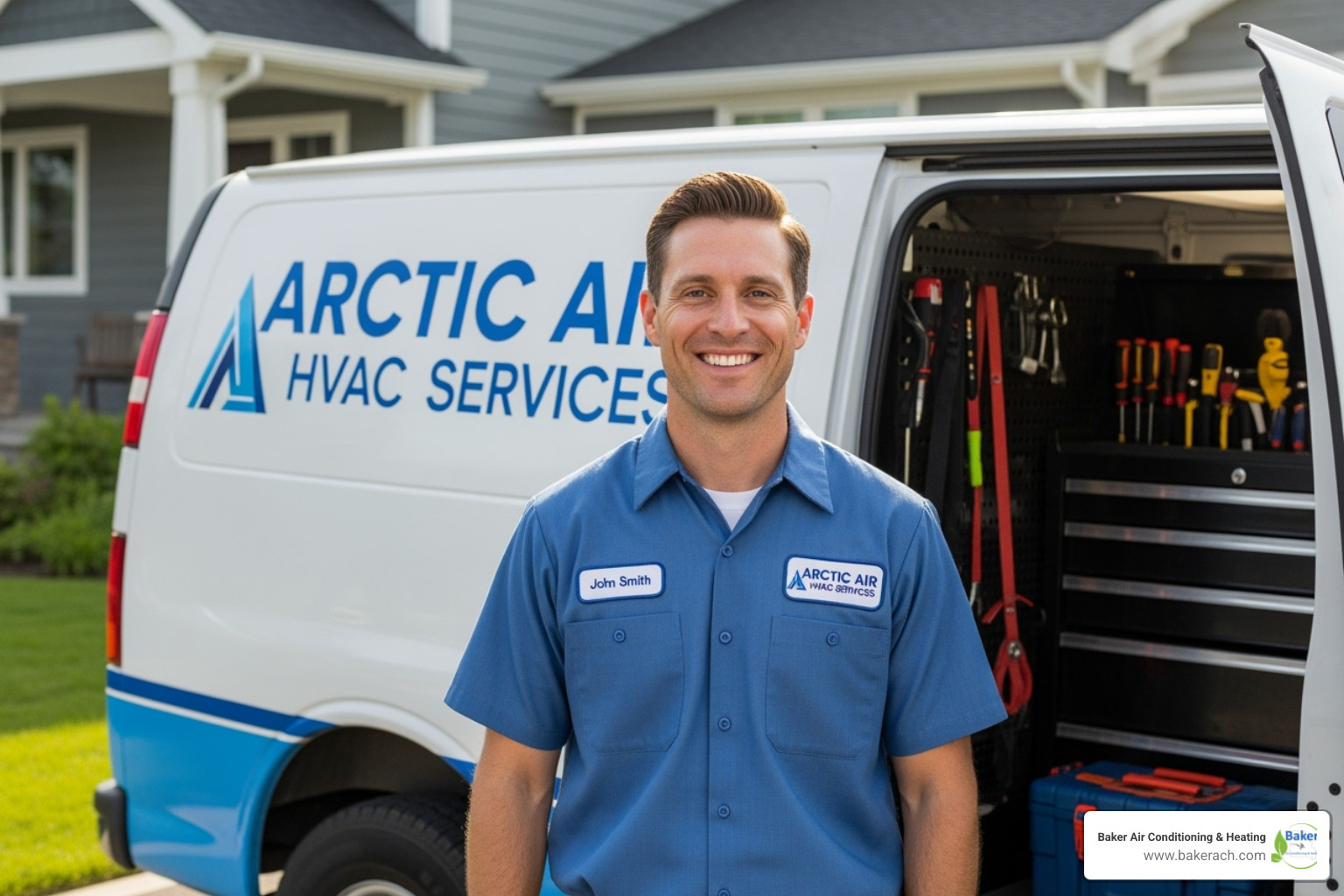 professional, uniformed HVAC technician smiling next to a service van - heating repair sunrise beach mo professional, uniformed HVAC technician smiling next to a service van - heating repair sunrise beach mo