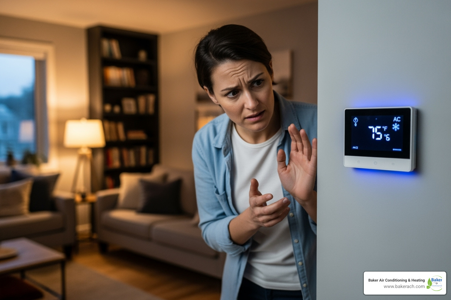 person looking at thermostat with concerned expression - heating repair sunrise beach mo person looking at thermostat with concerned expression - heating repair sunrise beach mo