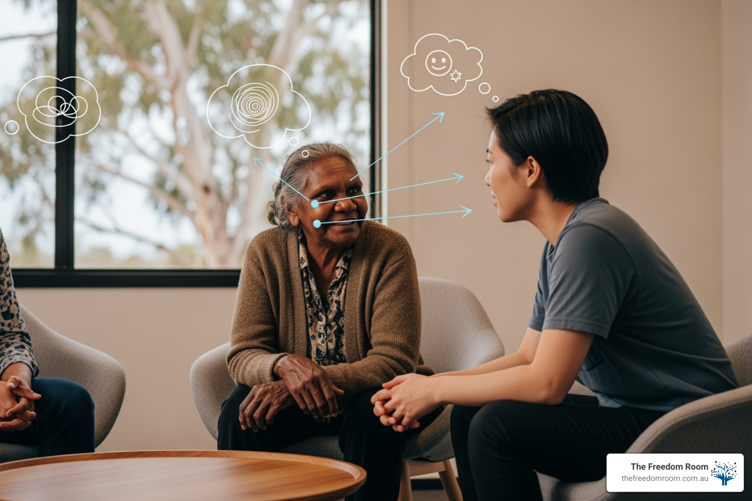 Two individuals engaged in calm conversation, with subtle graphical elements like thought bubbles and arrows indicating active listening and mutual understanding. - conflict resolution group therapy