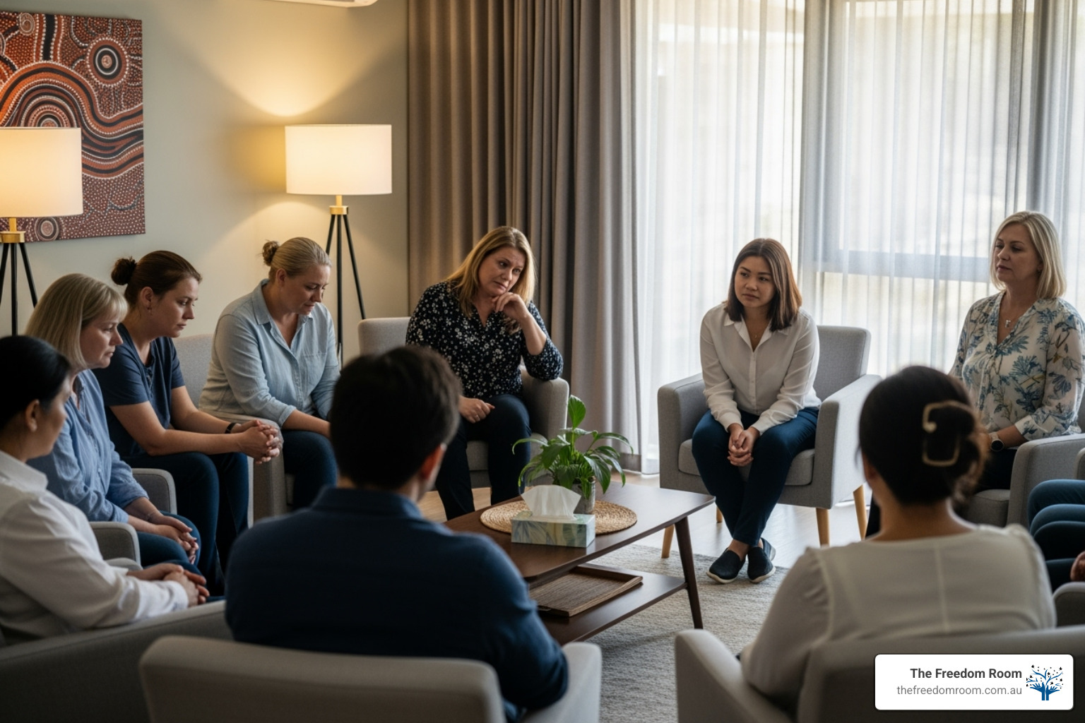 A diverse group of people sitting in a therapy circle, some with tense expressions, others listening intently, with a calm facilitator observing. - conflict resolution group therapy