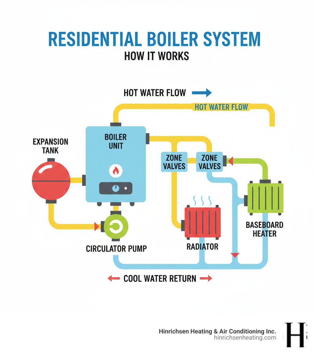 Infographic showing the components and operation of a residential boiler system including the boiler unit, expansion tank, circulator pump, zone valves, radiators or baseboard heaters, and return piping with arrows indicating hot water flow from boiler to heating elements and cool water return - boiler installation goodfield il infographic  Infographic showing the components and operation of a residential boiler system including the boiler unit, expansion tank, circulator pump, zone valves, radiators or baseboard heaters, and return piping with arrows indicating hot water flow from boiler to heating elements and cool water return - boiler installation goodfield il infographic