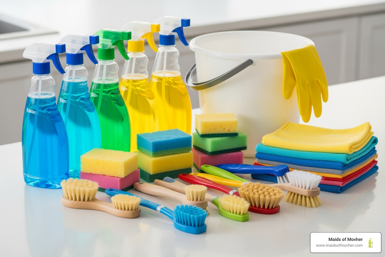 cleaning supplies and equipment arranged neatly - cleaning services mead wa