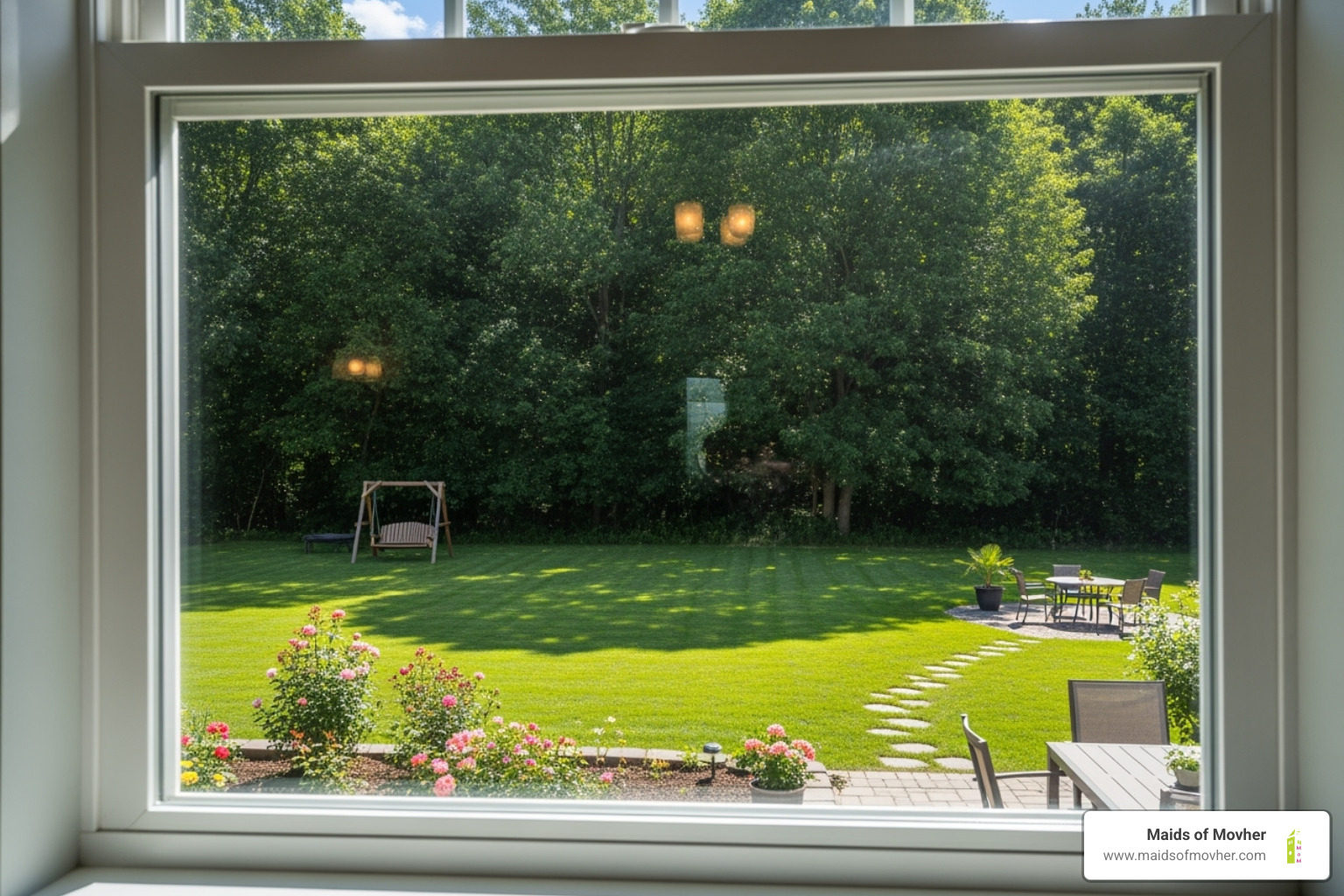 freshly cleaned windows showing a clear, sunny view of a backyard - cleaning services mead wa