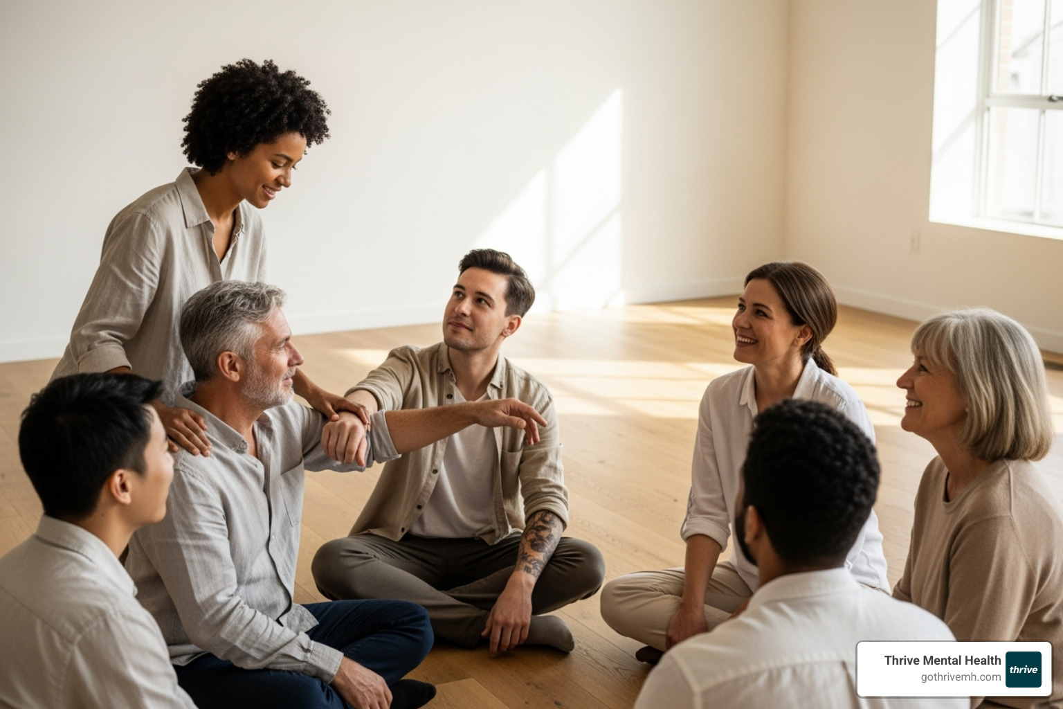 A diverse group of people looking hopeful and supportive, reflecting the community and growth fostered in therapy - how does dialectical behavioral therapy work