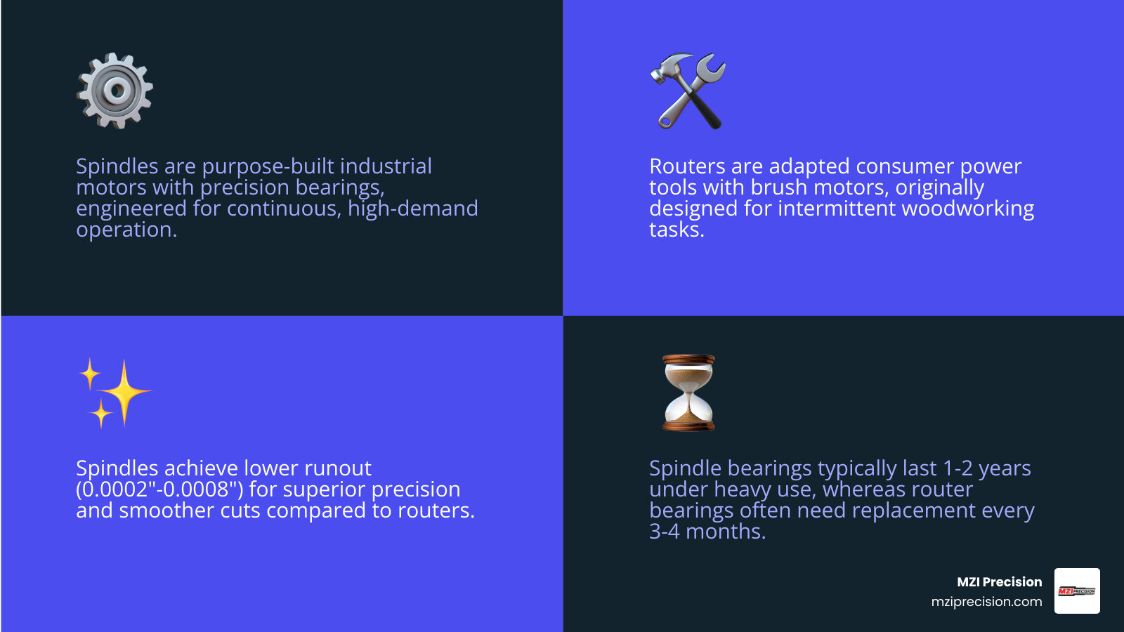 COMPREHENSIVE COMPARISON INFOGRAPHIC SHOWING SPINDLE VS ROUTER CHARACTERISTICS INCLUDING MOTOR TYPES, BEARING PRECISION, POWER DELIVERY CURVES, NOISE LEVELS, MAINTENANCE SCHEDULES, AND TOTAL COST OF OWNERSHIP OVER TIME - SPINDLE ROUTER INFOGRAPHIC 4_FACTS_EMOJI_BLUE COMPREHENSIVE COMPARISON INFOGRAPHIC SHOWING SPINDLE VS ROUTER CHARACTERISTICS INCLUDING MOTOR TYPES, BEARING PRECISION, POWER DELIVERY CURVES, NOISE LEVELS, MAINTENANCE SCHEDULES, AND TOTAL COST OF OWNERSHIP OVER TIME - SPINDLE ROUTER INFOGRAPHIC 4_FACTS_EMOJI_BLUE