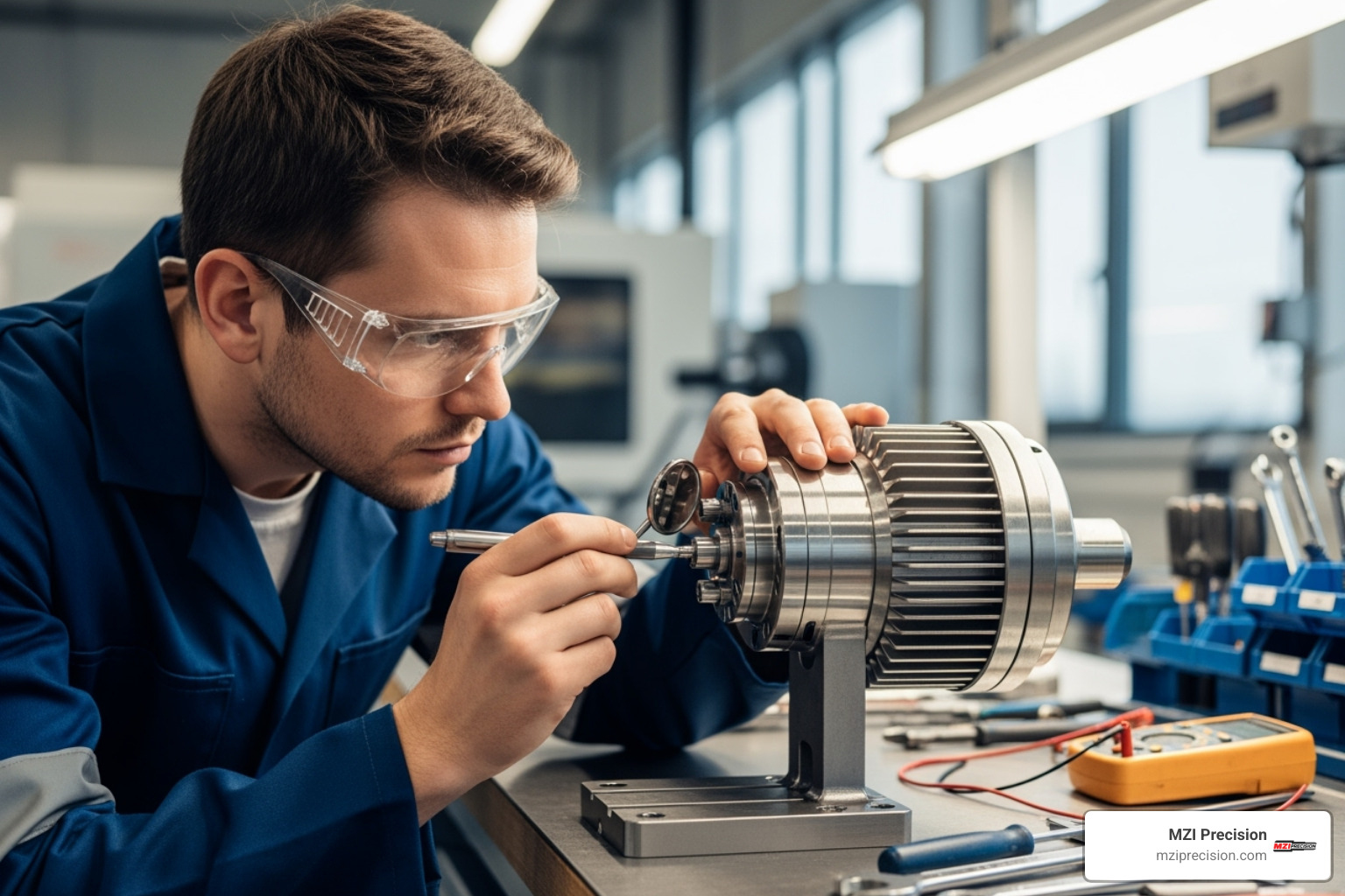 TECHNICIAN INSPECTING A HIGH-SPEED SPINDLE IN A WORKSHOP - SPINDLE ROUTER TECHNICIAN INSPECTING A HIGH-SPEED SPINDLE IN A WORKSHOP - SPINDLE ROUTER
