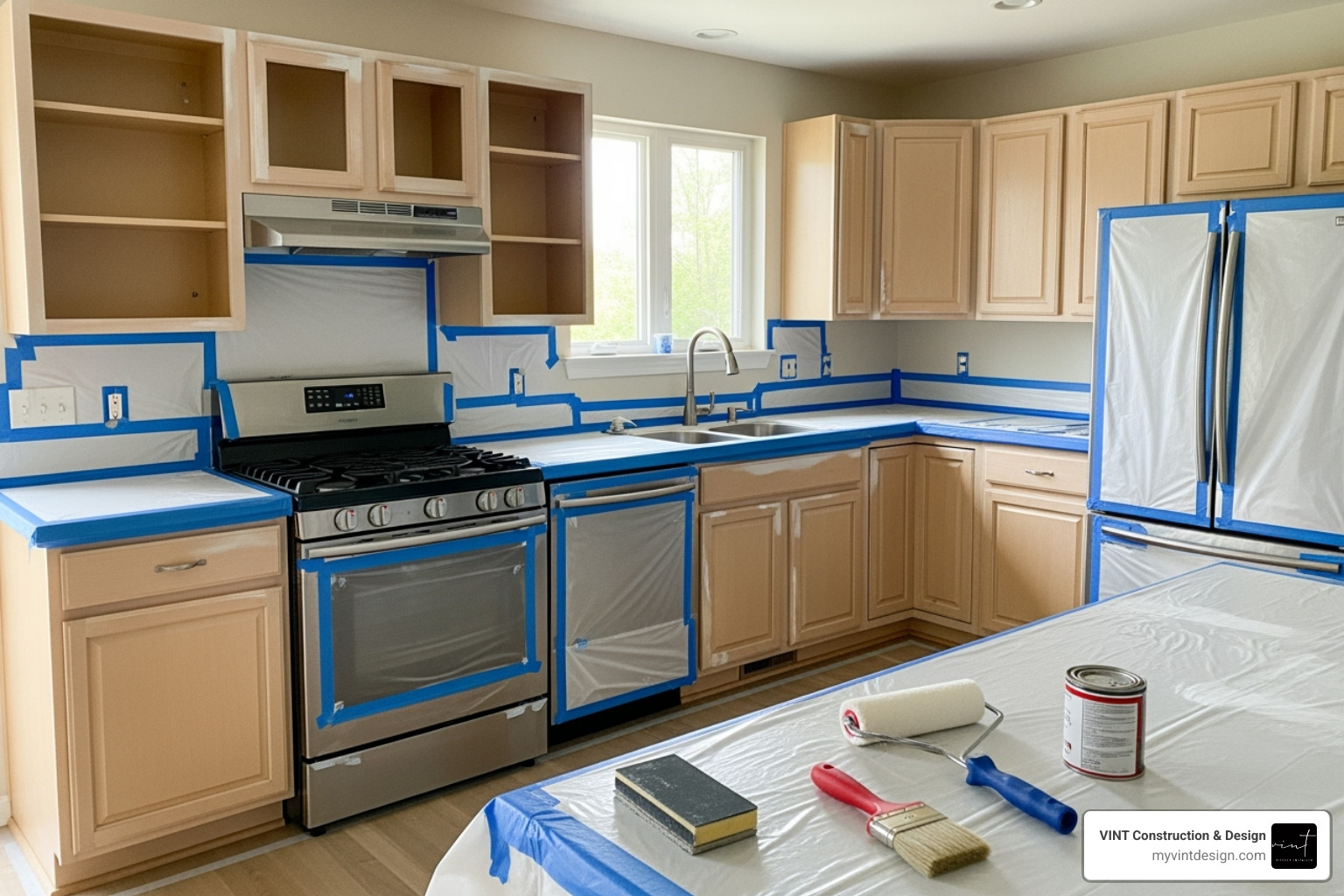 clean, minimally disruptive refinishing project in progress - cabinet refinishing vs replacement clean, minimally disruptive refinishing project in progress - cabinet refinishing vs replacement