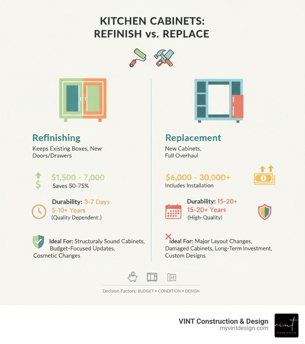 Detailed comparison infographic showing cabinet refinishing vs replacement with cost breakdowns, timelines, durability expectations, and ideal scenarios for each option - cabinet refinishing vs replacement infographic  Detailed comparison infographic showing cabinet refinishing vs replacement with cost breakdowns, timelines, durability expectations, and ideal scenarios for each option - cabinet refinishing vs replacement infographic