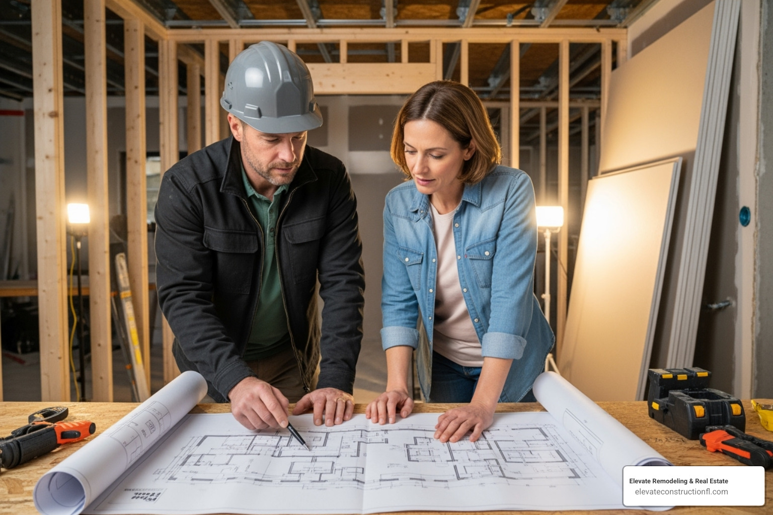 contractor and homeowner reviewing blueprints - va home loan for fixer upper