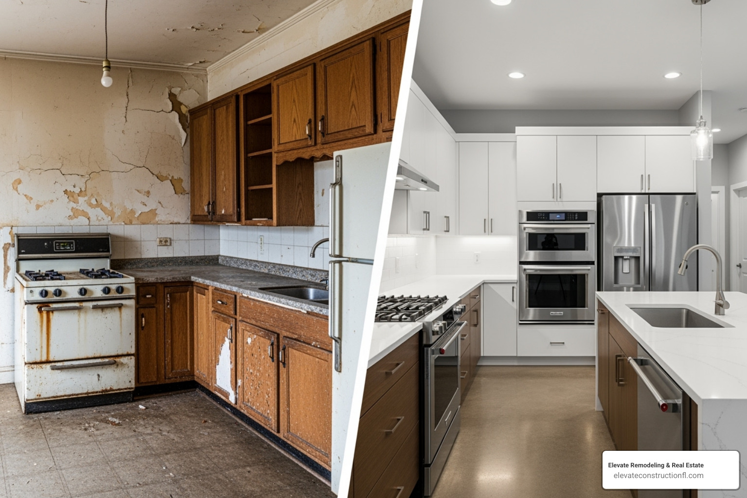 renovated kitchen and before picture - va home loan for fixer upper