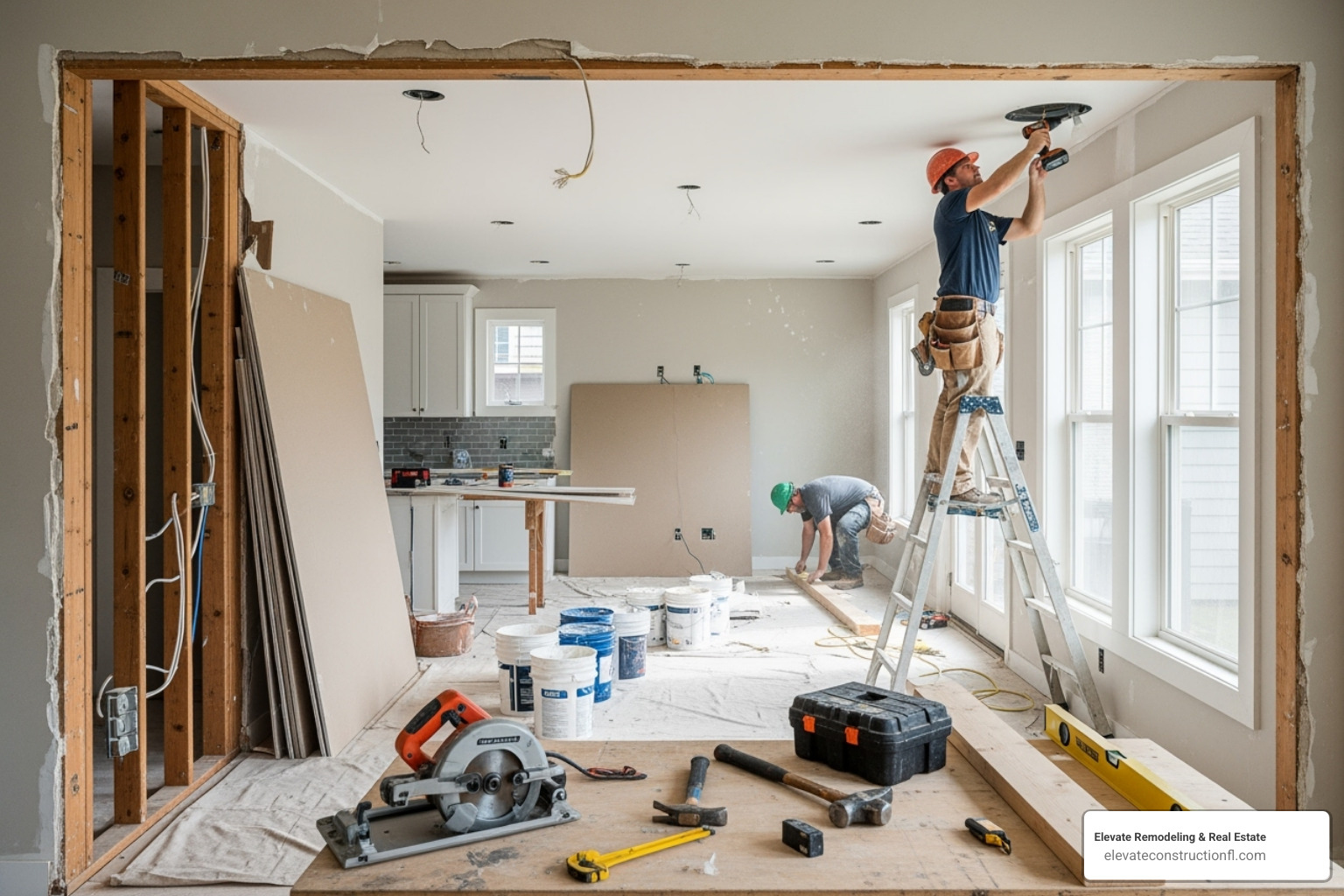 home mid-renovation with workers present - va home loan for fixer upper