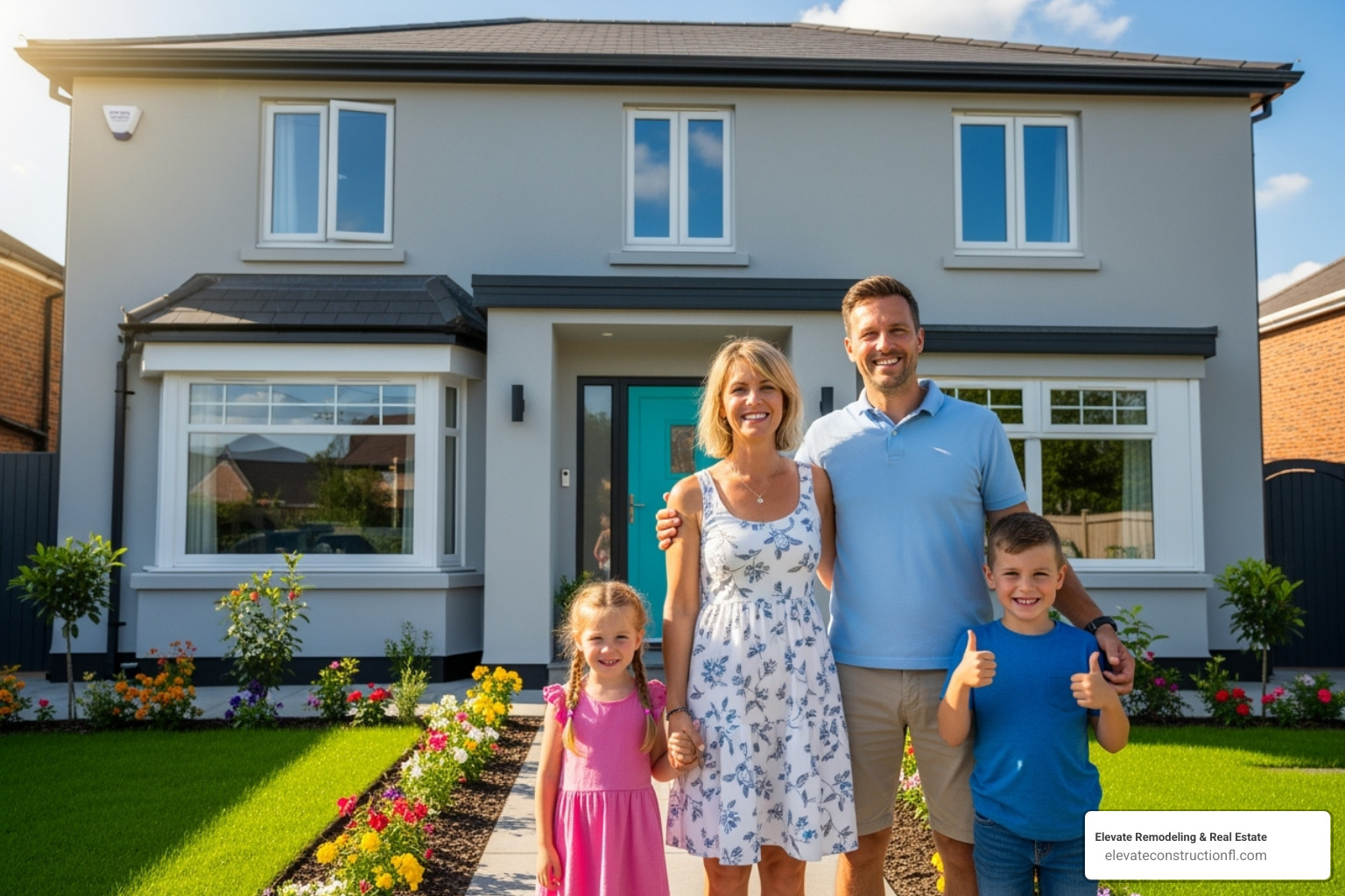 happy family in front of newly renovated home - va home loan for fixer upper