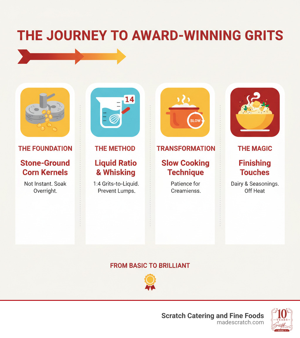 Infographic showing the change of basic corn kernels through stone grinding, proper liquid ratios, slow cooking techniques, and finishing touches with dairy and seasonings to create restaurant-quality award-winning grits - Award winning grits infographic 