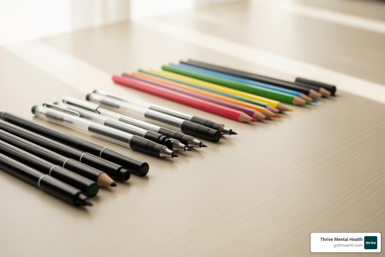 various coloring supplies like colored pencils, gel pens, and fine-tip markers arranged neatly - art therapy coloring pages