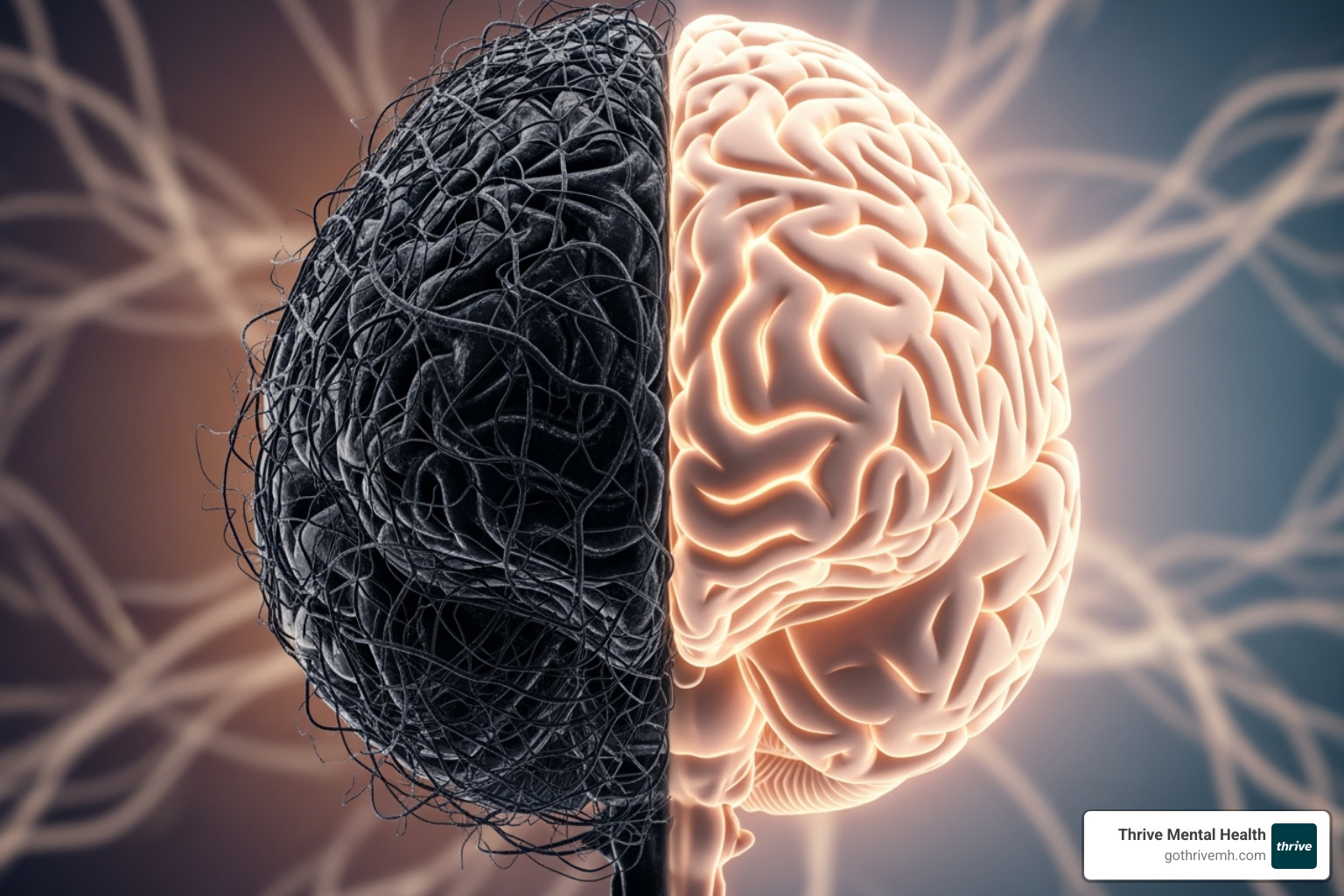 A brain with tangled threads becoming smooth and organized, symbolizing relief from mental health conditions - a combination of cbt and emdr would be treatment for