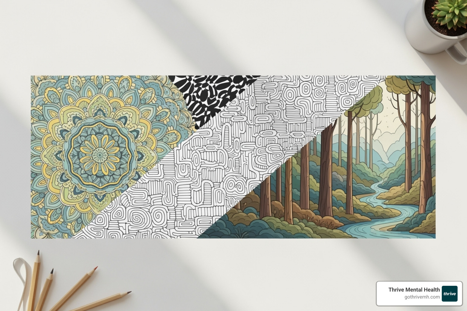 collage of different coloring page styles like mandalas, zentangles, and nature scenes - art therapy coloring pages
