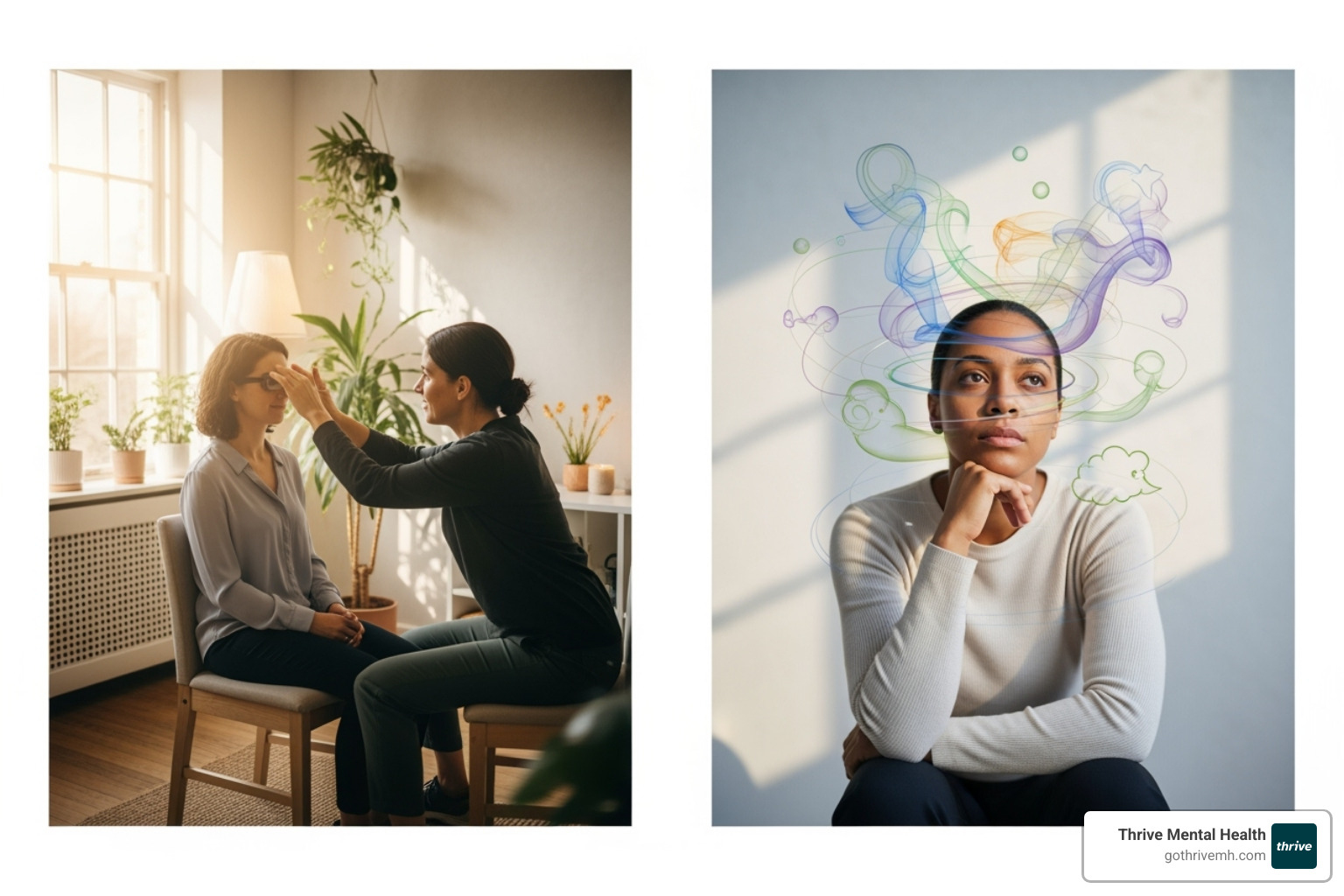 Split-screen showing a therapist guiding eye movements on one side and a cognitive triangle (thoughts-feelings-behaviors) on the other - a combination of cbt and emdr would be treatment for