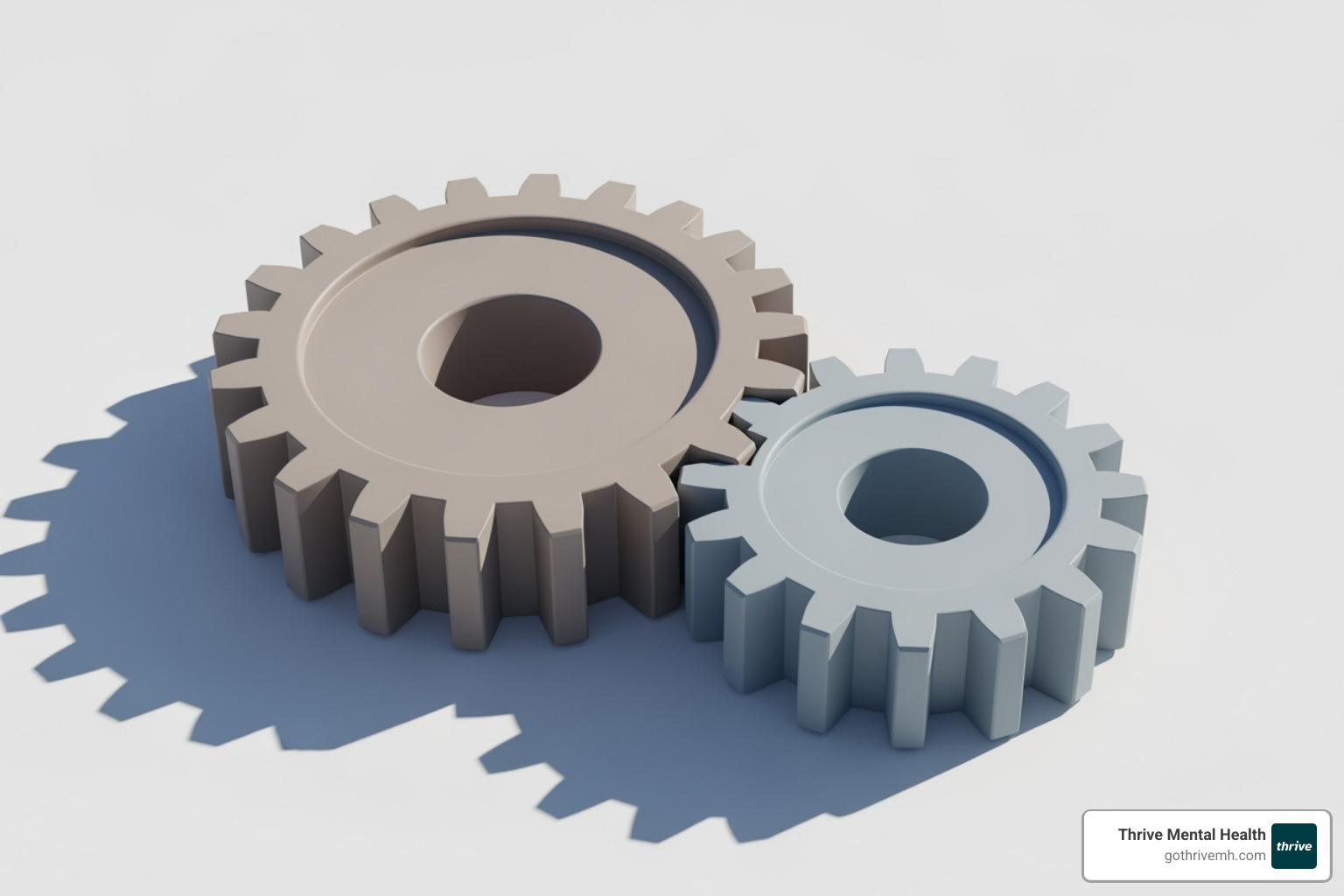 Two interlocking gears labeled "EMDR: Process Past" and "CBT: Manage Present" - a combination of cbt and emdr would be treatment for