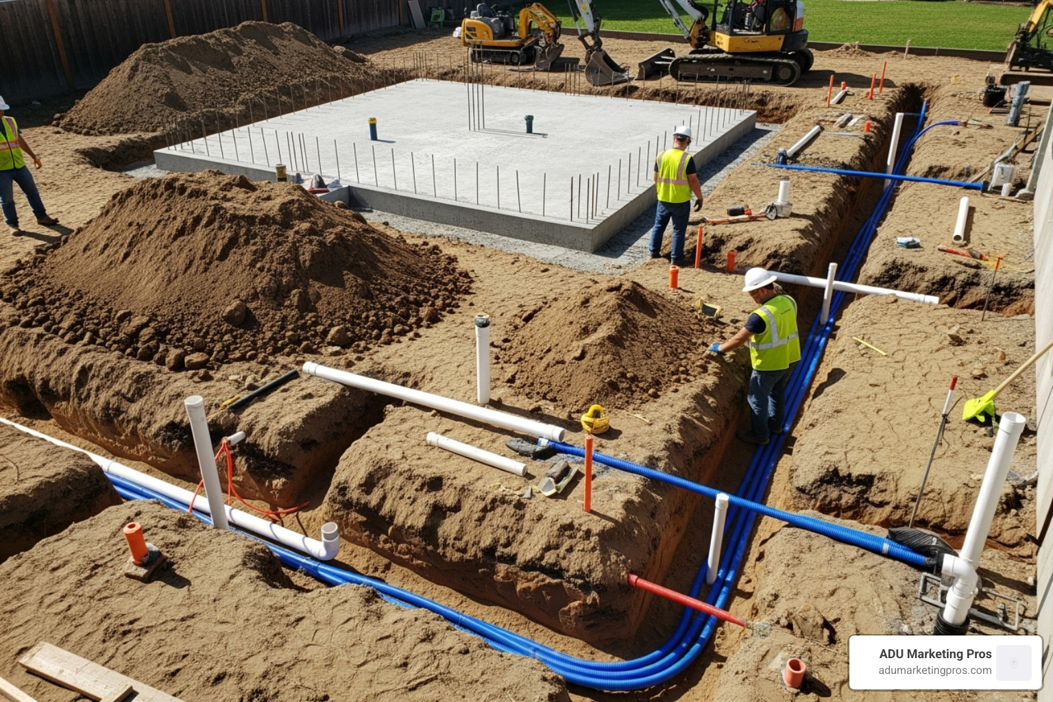 A construction site showing the foundation and utility trenches for a new ADU, with clear visibility of site preparation and infrastructure work. - prefab adu bay area cost