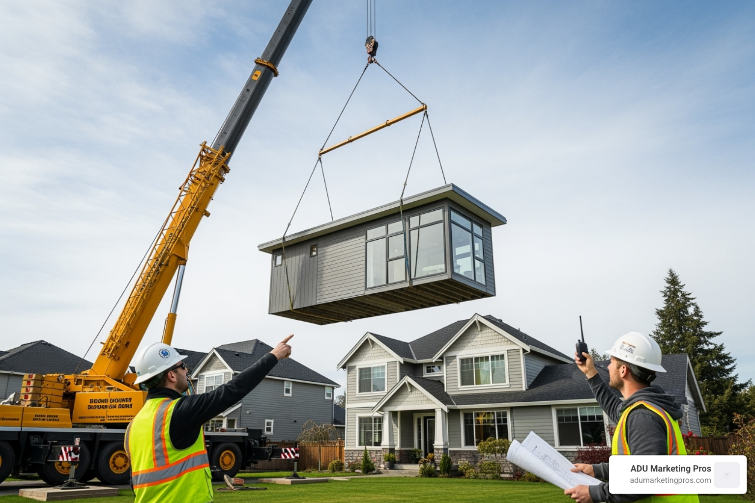 A crane carefully lifting a prefab ADU module over a house, demonstrating the precision and expertise involved in installation. - prefab adu bay area cost