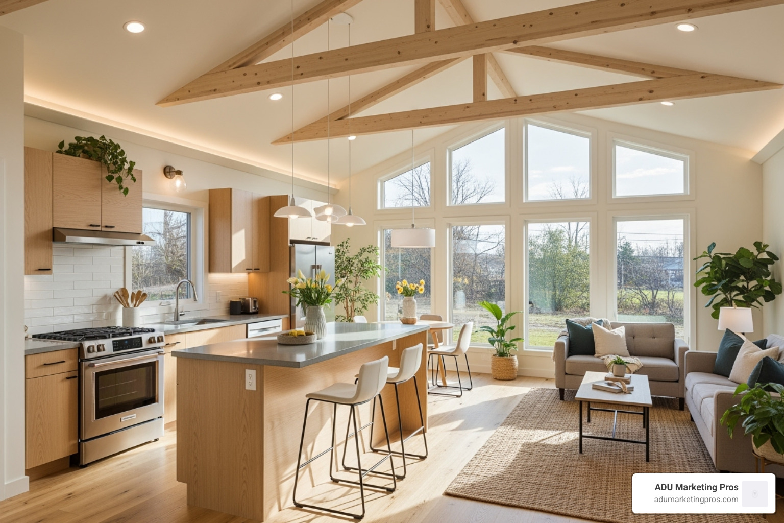 A welcoming, well-designed interior of a prefab ADU, showcasing a modern kitchen and living area with abundant natural light. - prefab adu bay area cost